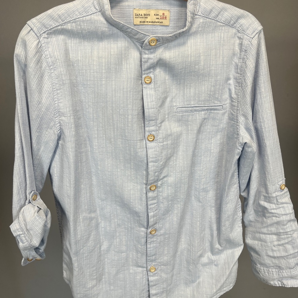 Zara kids Light Blue textured cotton button banded collar Shirt size 8 EUC